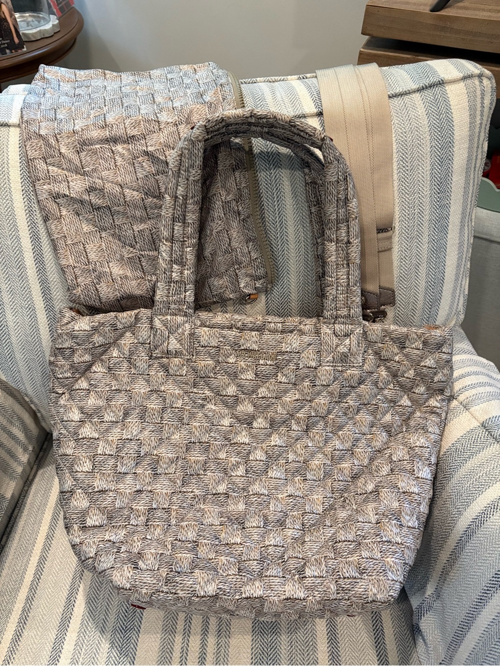 MZ Wallace Woven Basketweave Tote in Gray and Cream